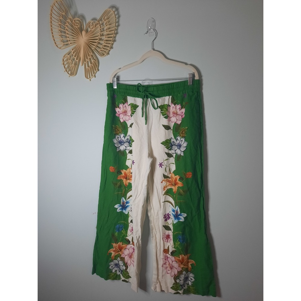 Maison d'Amélie Paris Linen Blend Floral Wide Leg Pants Green White Large
